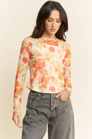 FLORAL PRINT MESH LONG SLEEVE LAYERING TOP